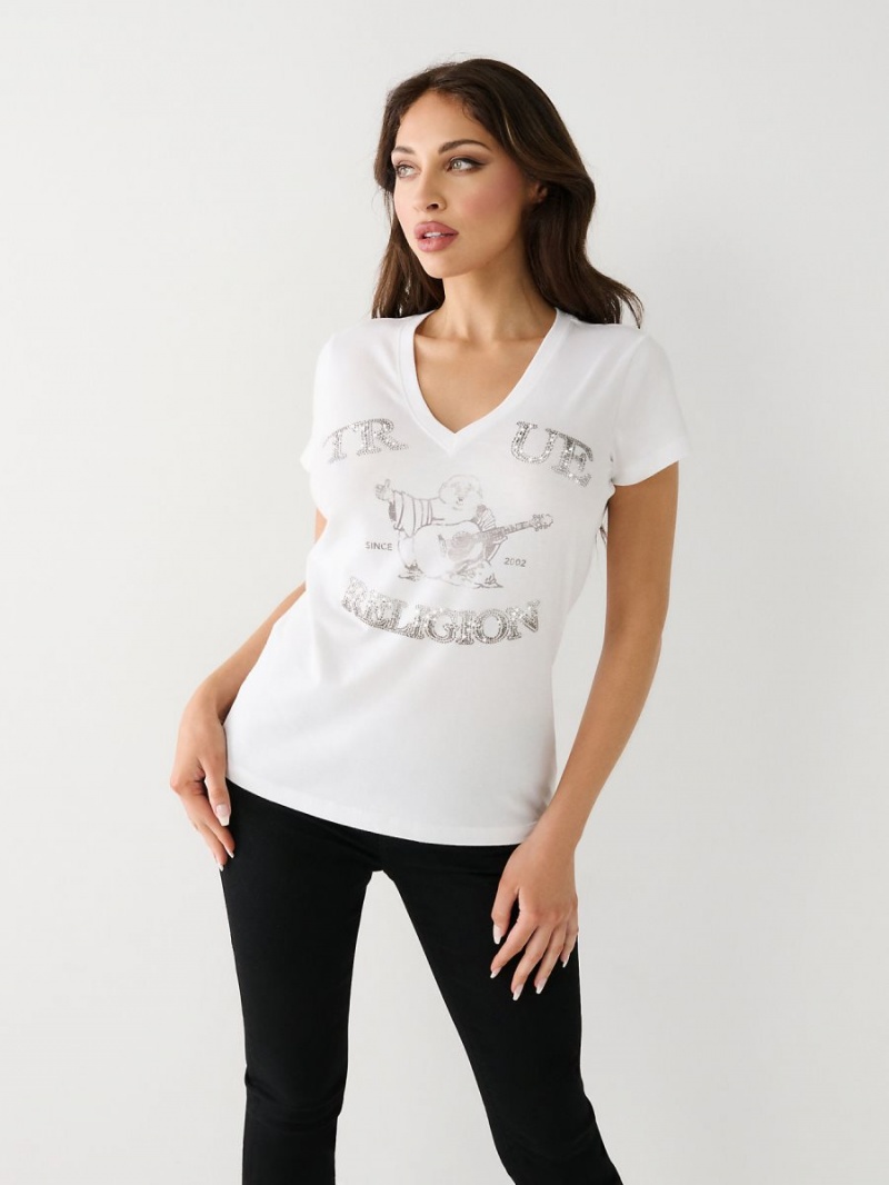 White True Religion Crystal Buddha V T Shirts | 8736-YMJFC