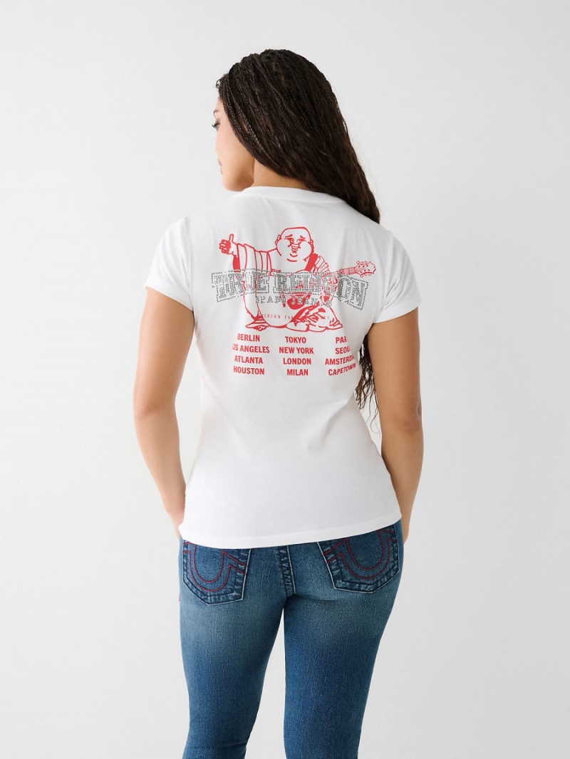 White True Religion Crystal Buddha V T Shirts | 2430-QVKTH