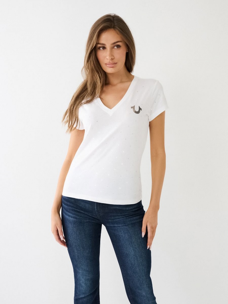 White True Religion Crystal Horseshoe Logo V Neck T Shirts | 9714-FAJQN