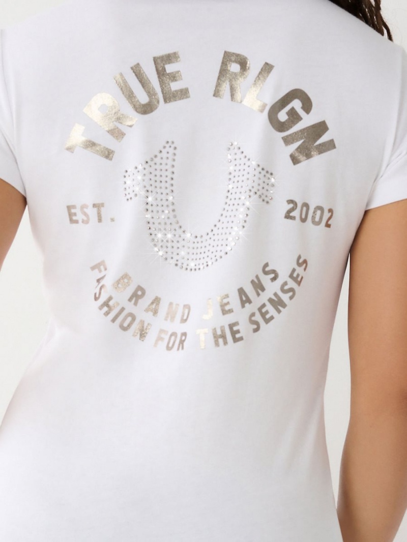 White True Religion Crystal Horseshoe V T Shirts | 5391-RVJAX