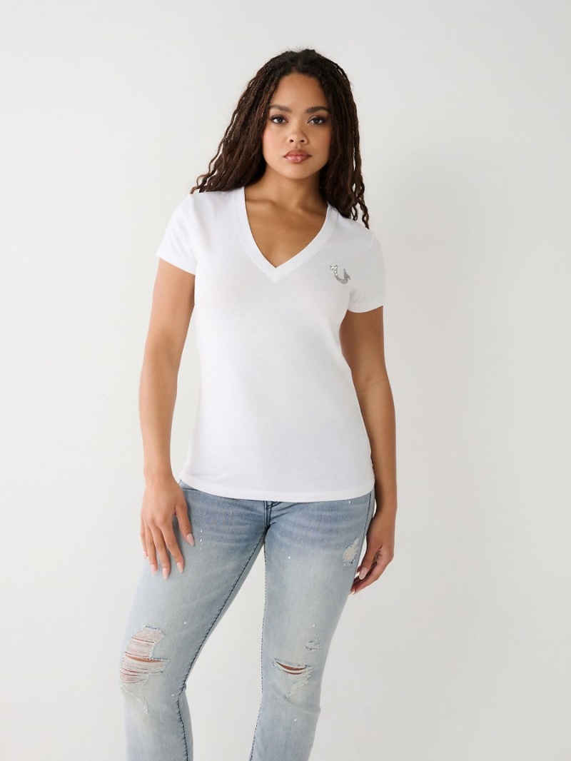 White True Religion Crystal Horseshoe V T Shirts | 5391-RVJAX