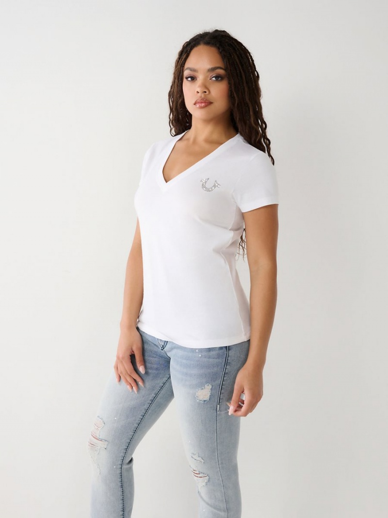 White True Religion Crystal Horseshoe V T Shirts | 5391-RVJAX