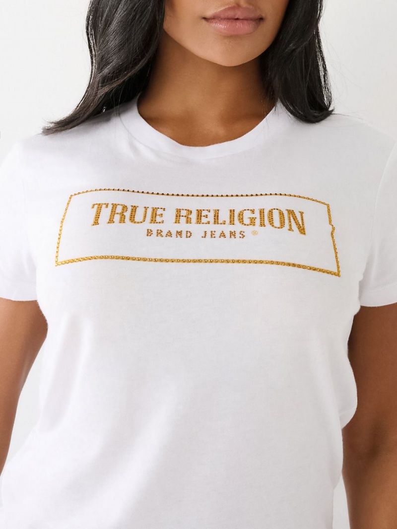 White True Religion Crystal Logo T Shirts | 9825-KUGCS