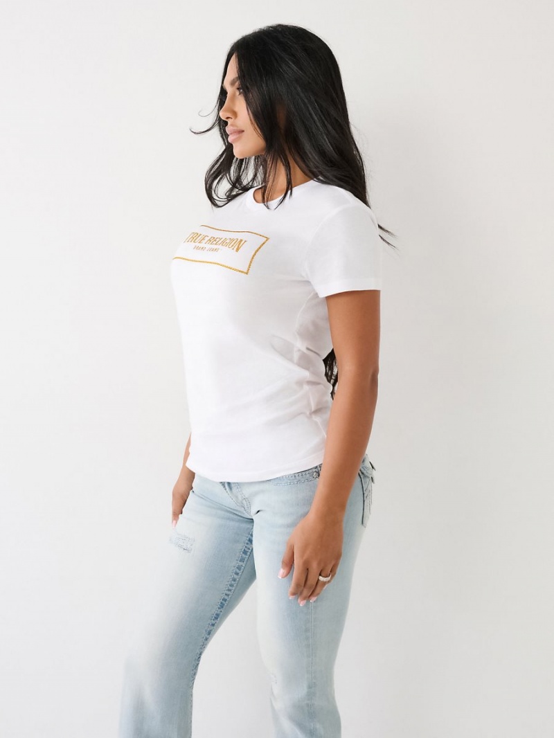 White True Religion Crystal Logo T Shirts | 9825-KUGCS