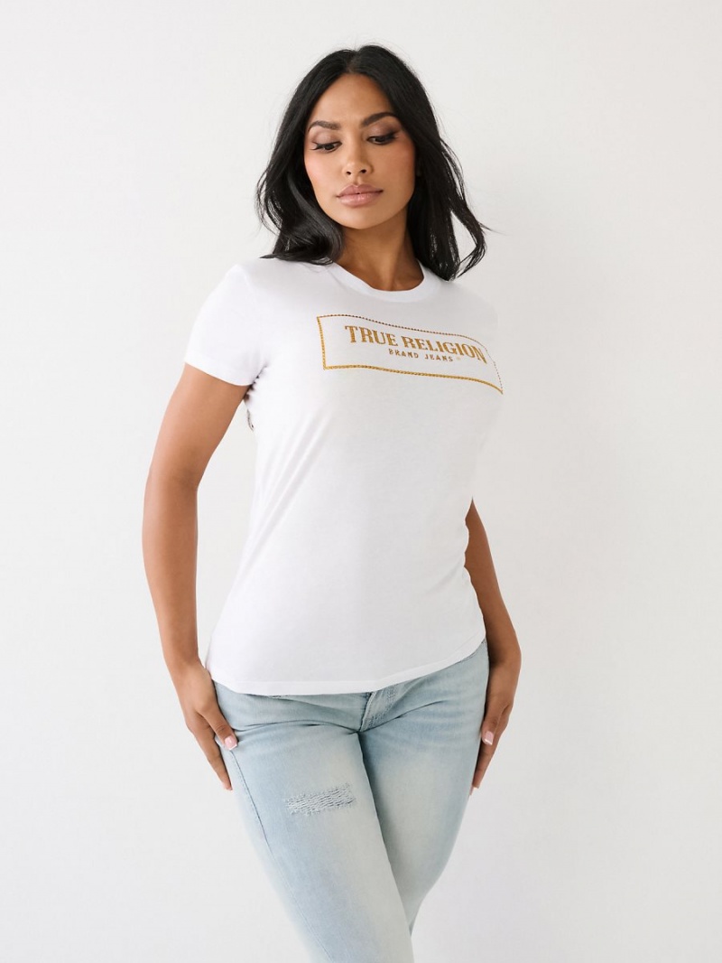 White True Religion Crystal Logo T Shirts | 9825-KUGCS