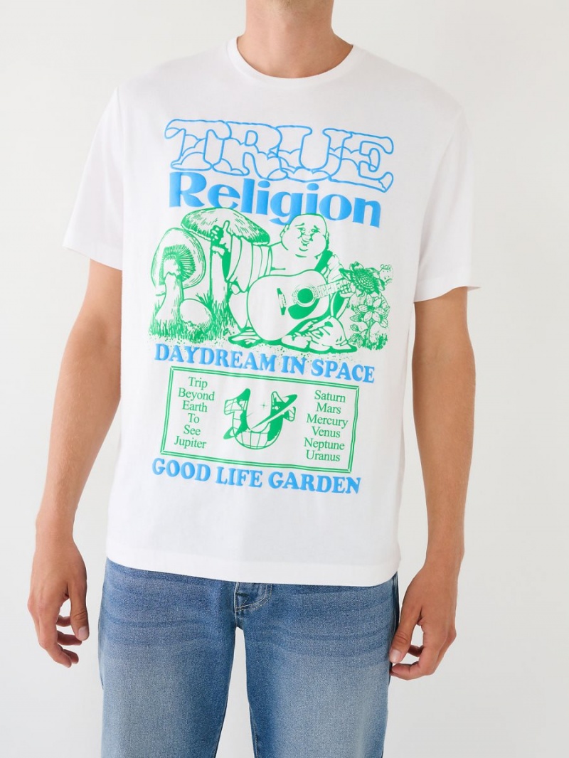 White True Religion Daydream Buddha Graphic Relaxed T Shirts | 7458-XQEZB