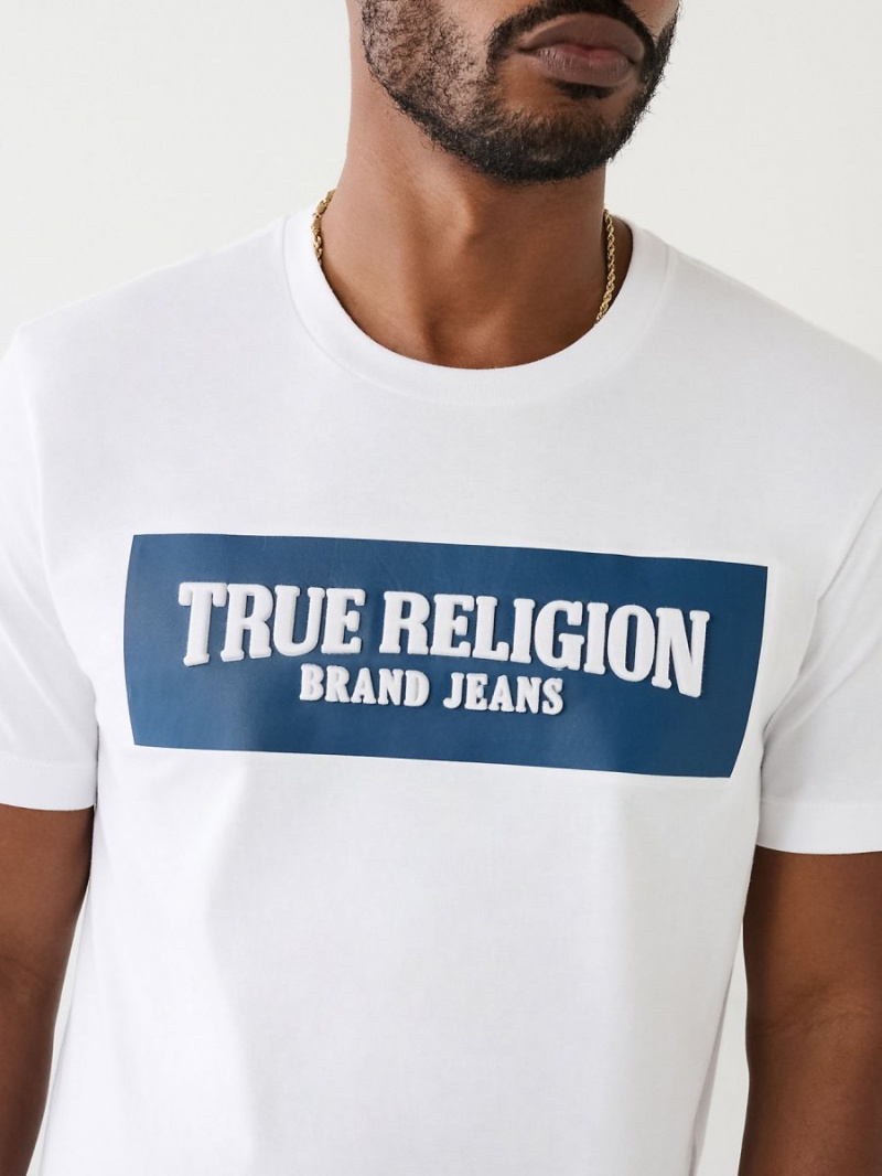 White True Religion Embossed Arch Logo T Shirts | 8763-TSYFA