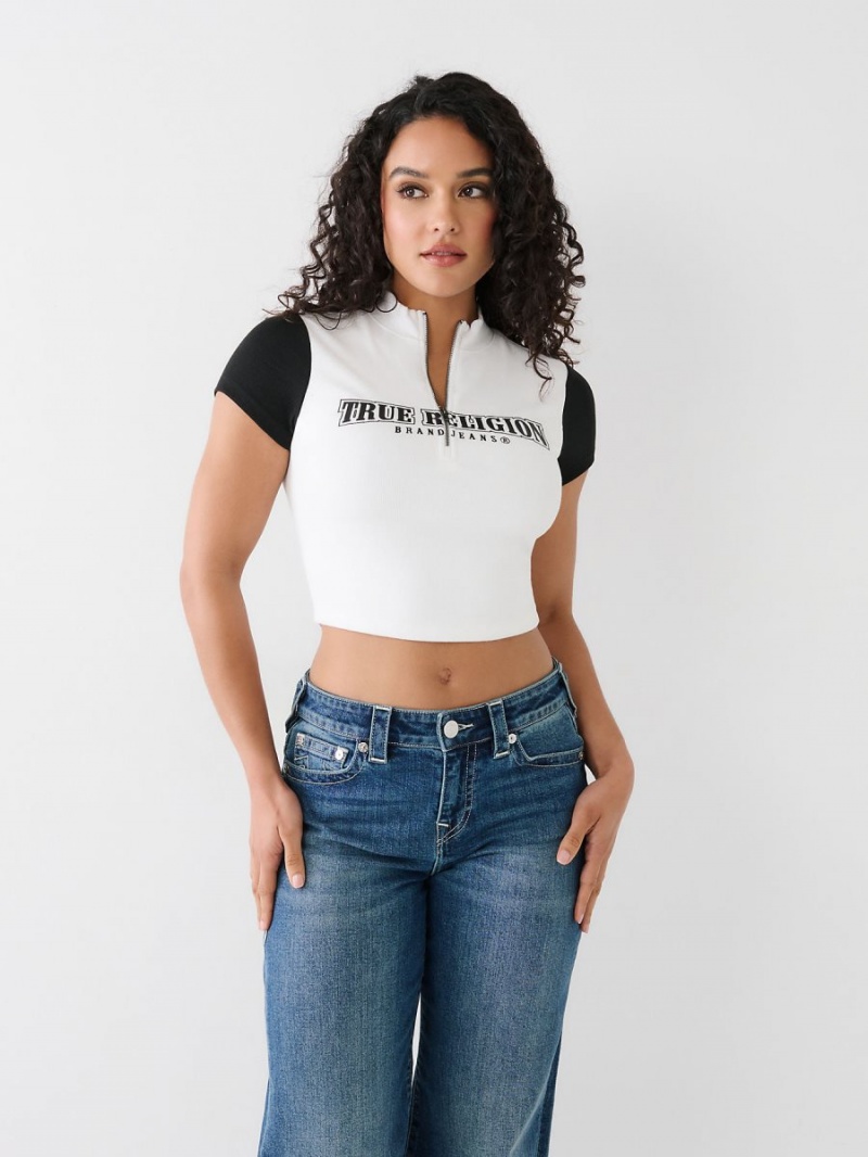 White True Religion Half Zip Crop Top | 5983-MFXJB