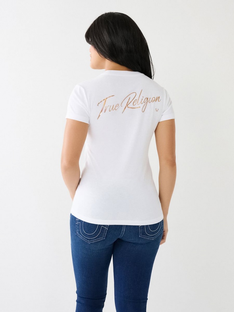 White True Religion Hologram Glitter T Shirts | 0943-KYRFH