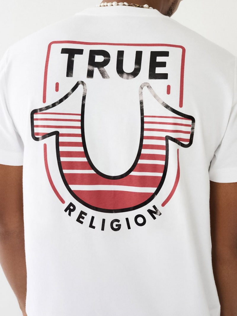 White True Religion Horseshoe Logo Crew Neck T Shirts | 7380-JTXOL