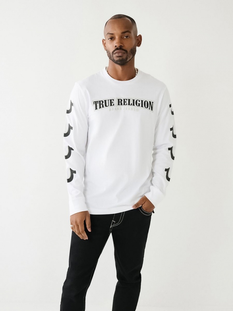 White True Religion Horseshoe Logo Long Sleeve T Shirts | 5342-LOZNV