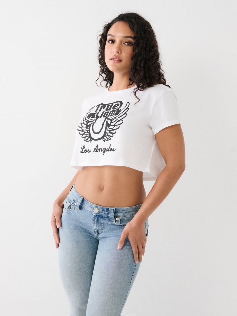 White True Religion Logo Crop T Shirts | 4829-DAVSO