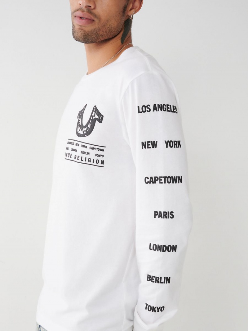 White True Religion Long Sleeve Logo Tour T Shirts | 9023-YBAZG