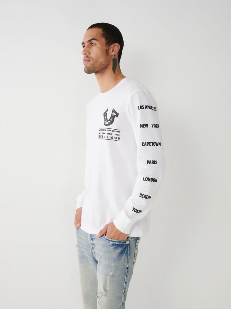 White True Religion Long Sleeve Logo Tour T Shirts | 9023-YBAZG