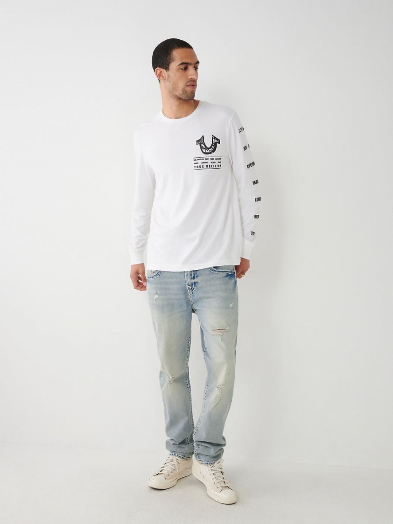 White True Religion Long Sleeve Logo Tour T Shirts | 9023-YBAZG