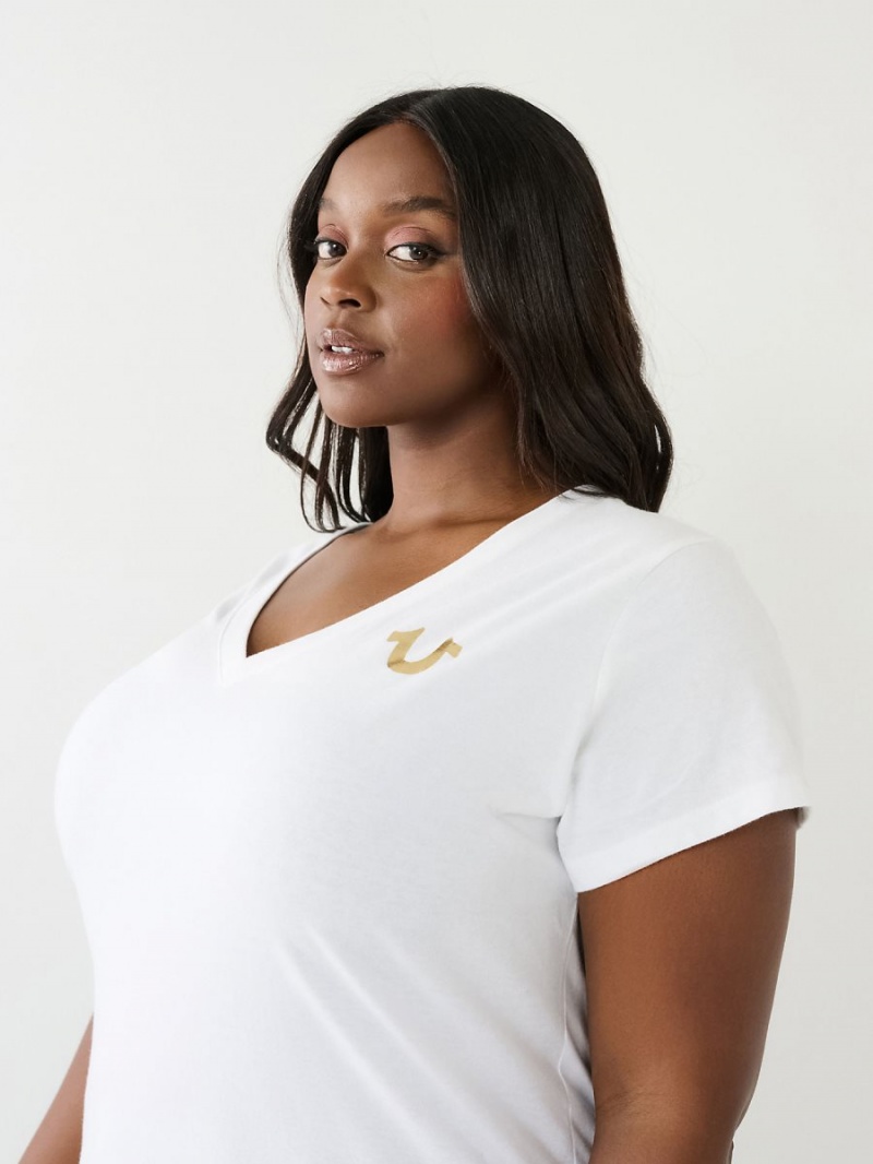 White True Religion Metallic Buddha Logo V Neck T Shirts | 5389-AMBUX