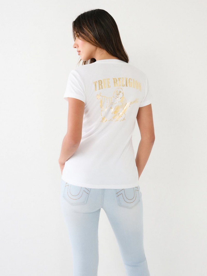 White True Religion Metallic Buddha Logo V Neck T Shirts | 5389-AMBUX