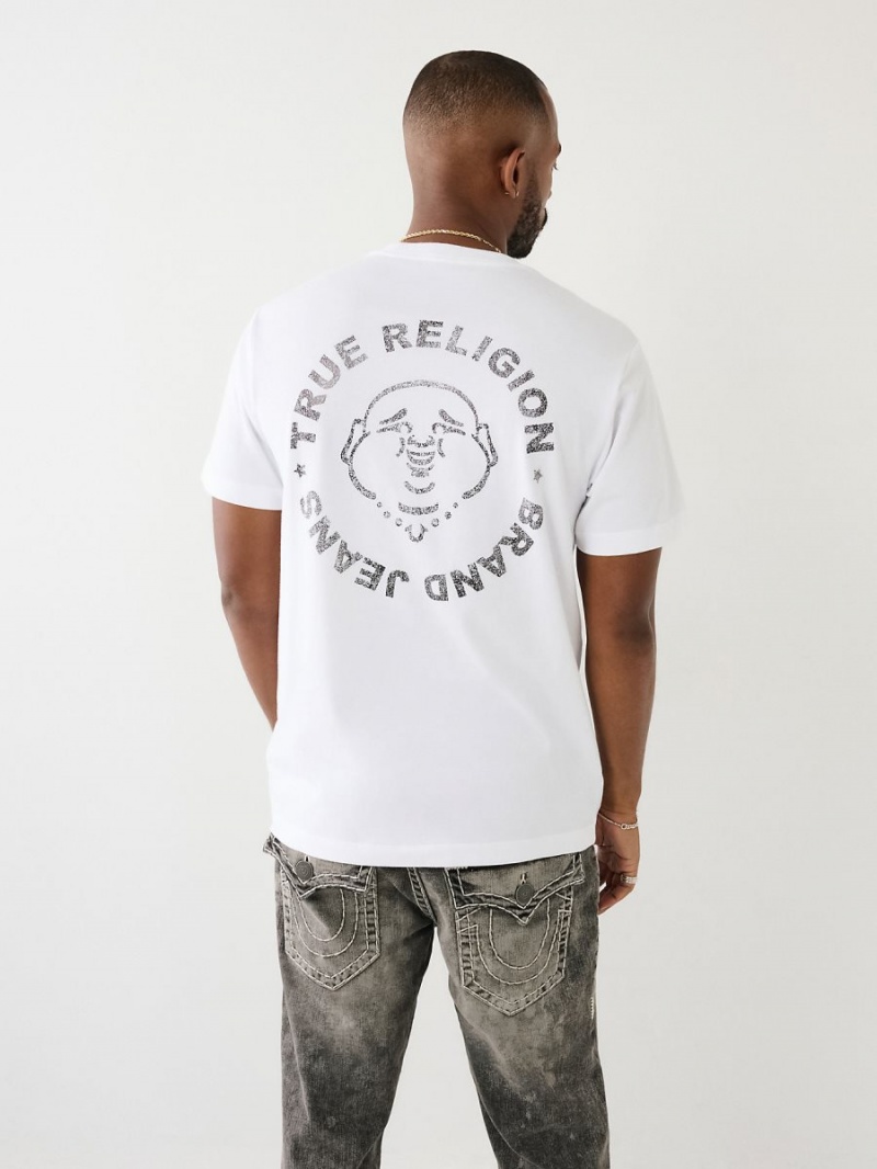 White True Religion Metallic Buddha Logo Shorts Sleeve T Shirts | 9140-FAOSB