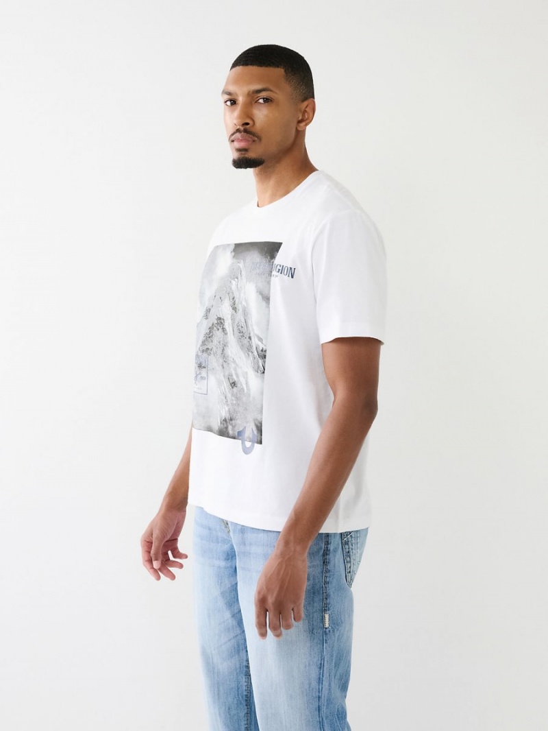 White True Religion Mountain Graphic Relaxed T Shirts | 9368-TSFKZ