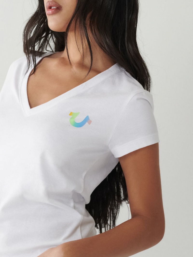 White True Religion Rainbow Logo V T Shirts | 8745-DXJEG