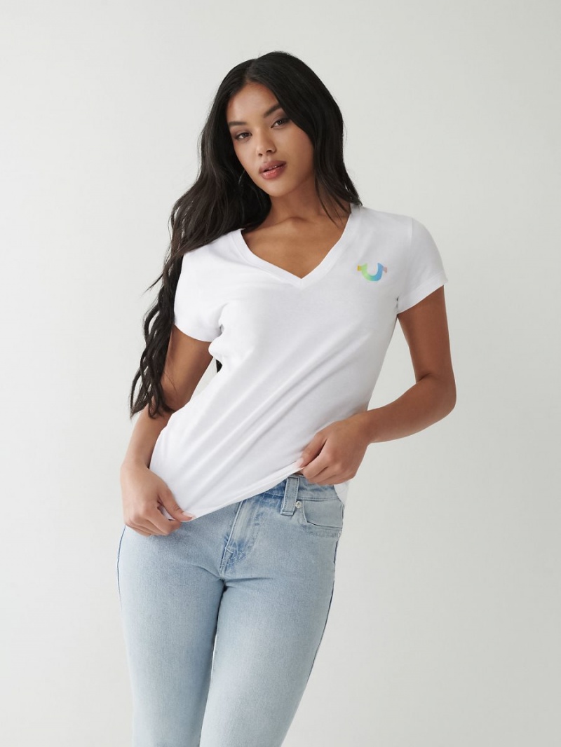 White True Religion Rainbow Logo V T Shirts | 8745-DXJEG