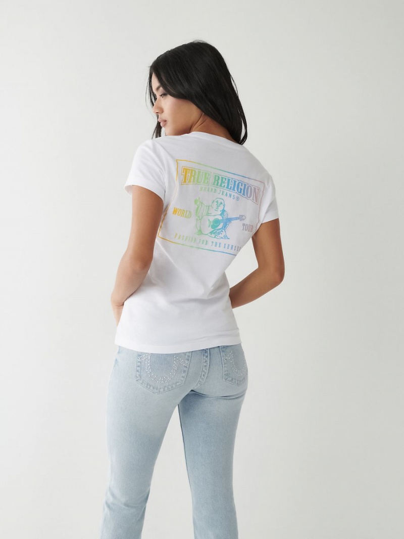 White True Religion Rainbow Logo V T Shirts | 8745-DXJEG