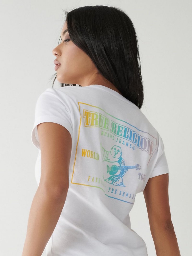 White True Religion Rainbow Logo V T Shirts | 8745-DXJEG