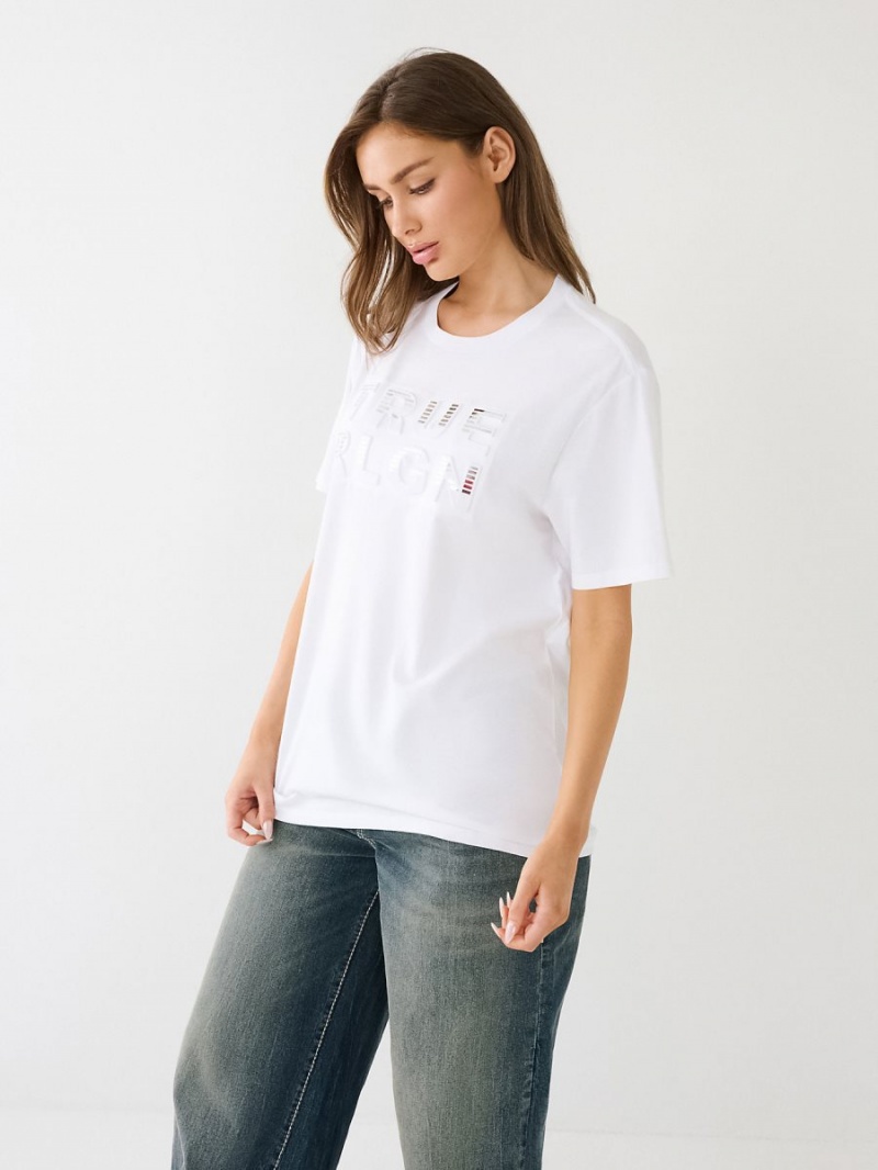 White True Religion Rlgn Logo Boyfriend T Shirts | 2308-TKUVE