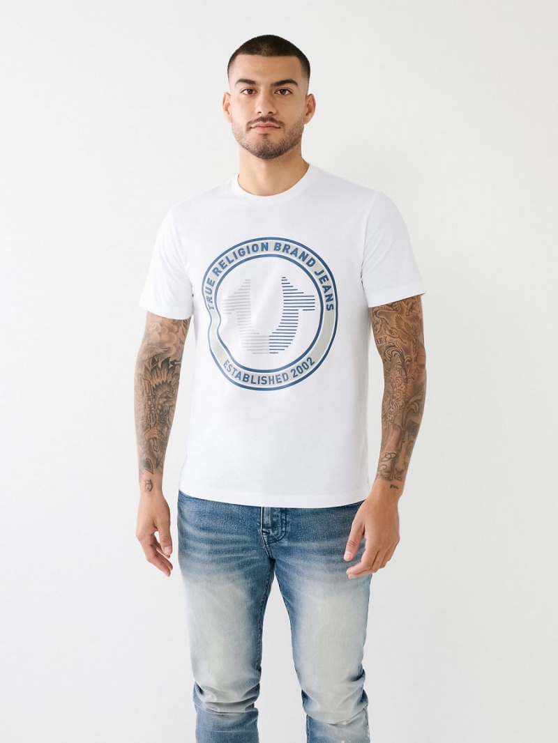 White True Religion Strike Horseshoe Logo T Shirts | 7604-SVHOW