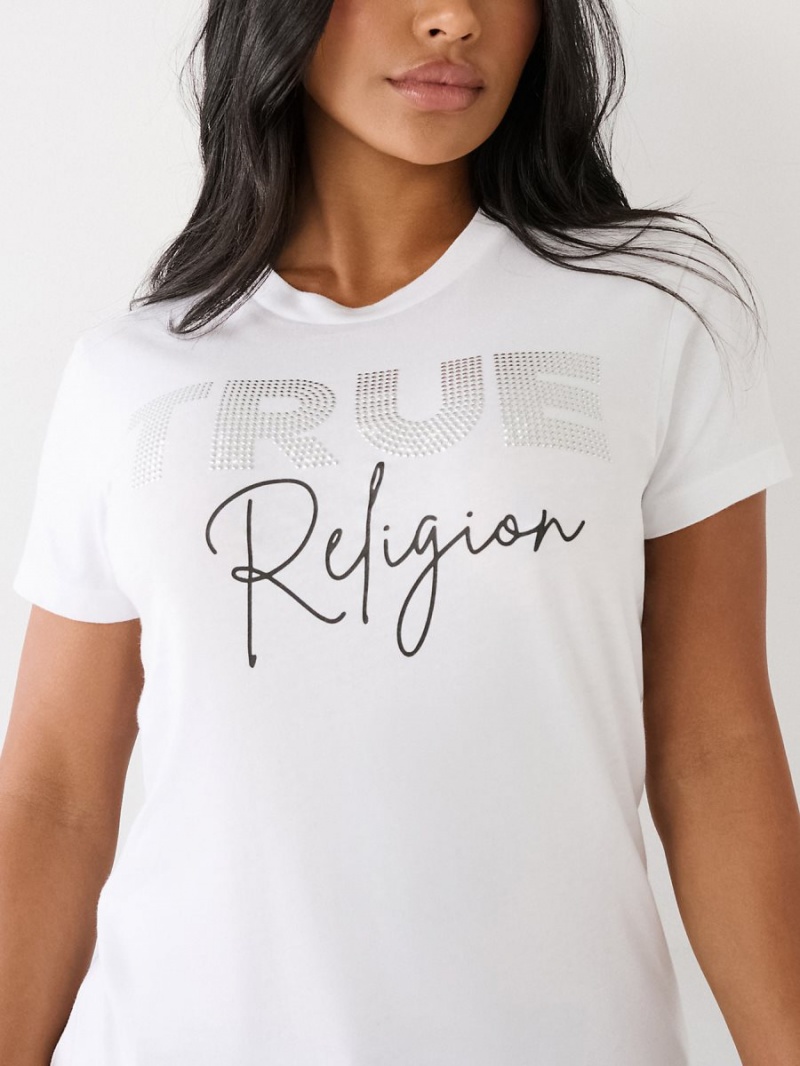 White True Religion Studded Logo T Shirts | 4803-OHRLV