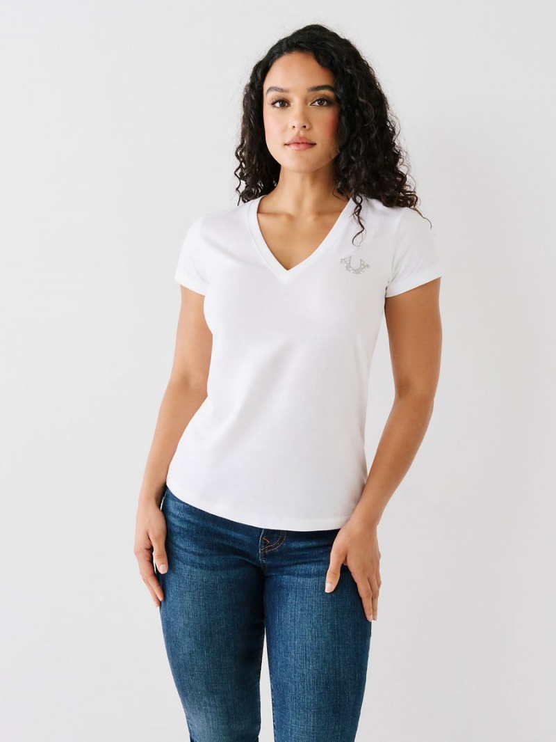 White True Religion Studded Logo V T Shirts | 7459-VICKS