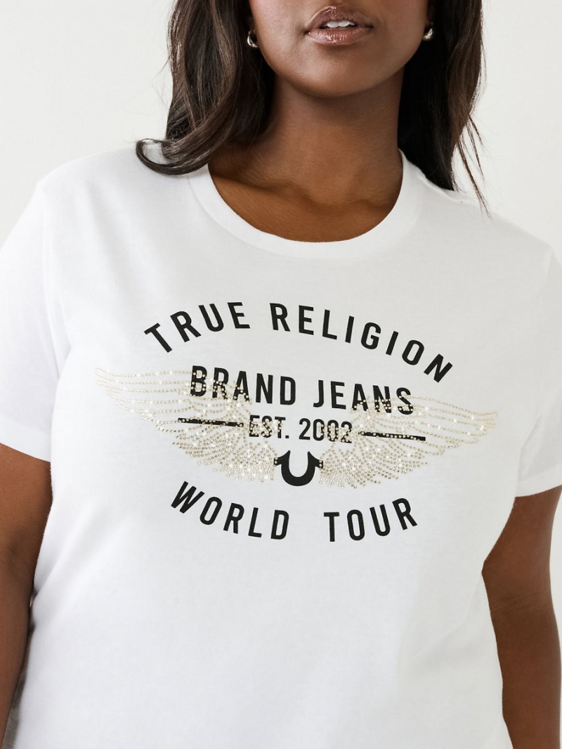 White True Religion World Tour Retro Crystal Slim Crew Logo T Shirts | 0617-DIGRB