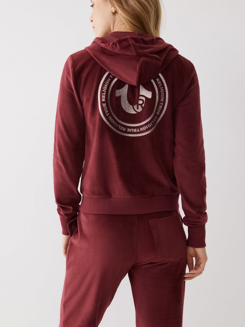 Wine True Religion Velour Logo Zip Hoodie | 5041-YFCBR