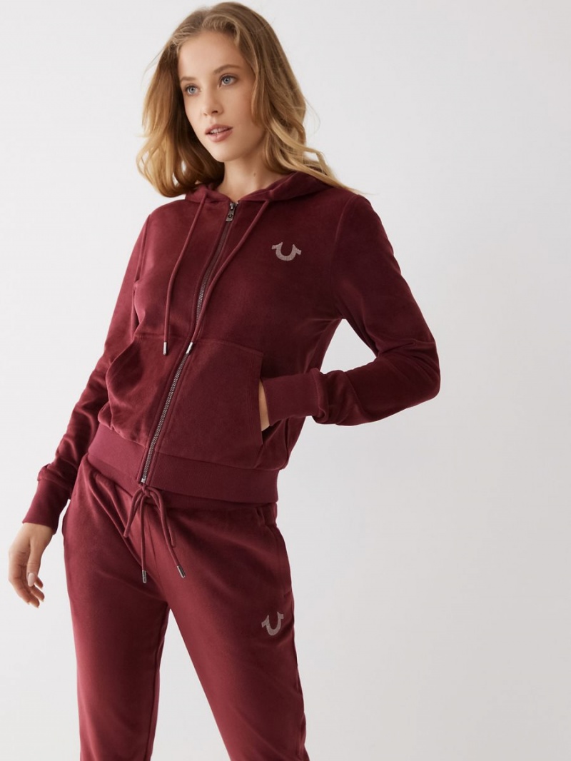 Wine True Religion Velour Logo Zip Hoodie | 5041-YFCBR