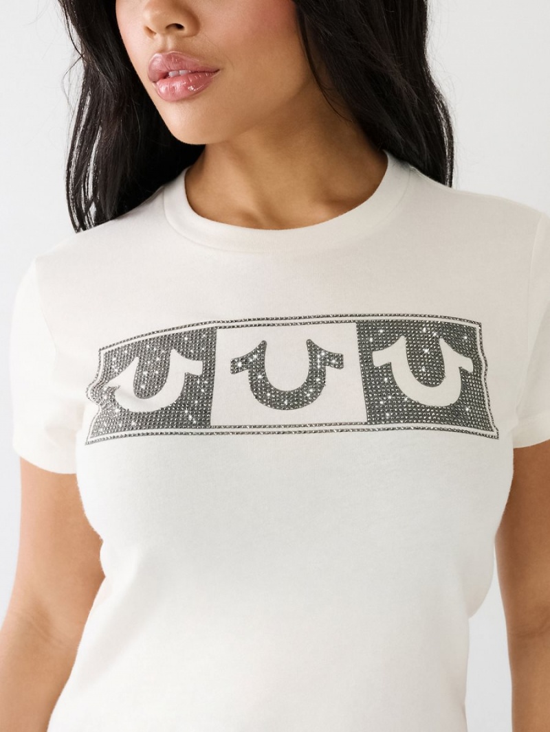 Winter White True Religion Crystal Box Horseshoe Logo T Shirts | 4018-MTUJP