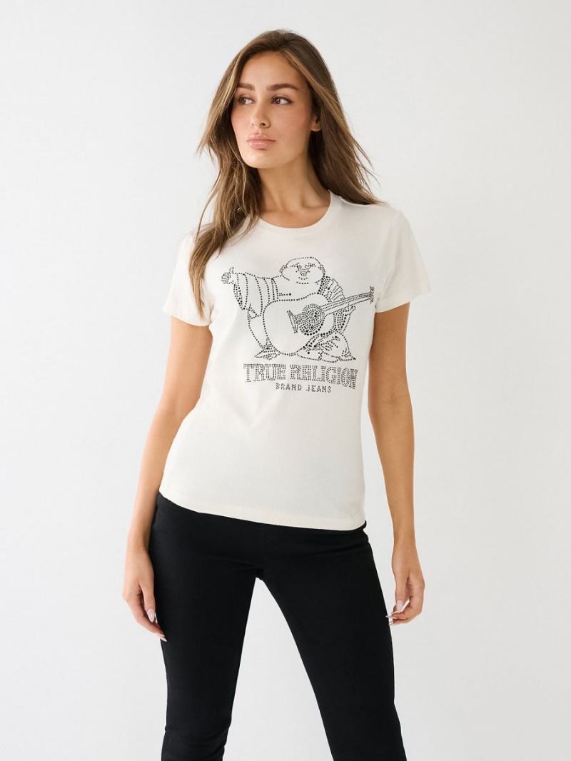 Winter White True Religion Crystal Buddha Logo Slim T Shirts | 9847-DBSHG