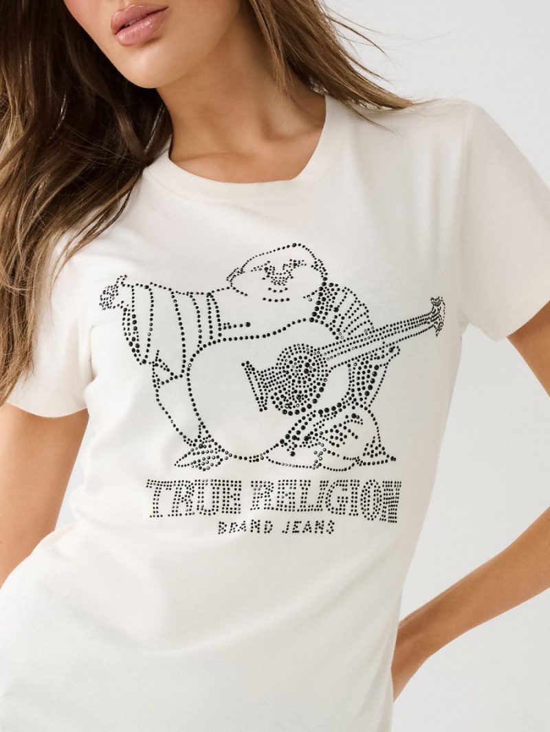 Winter White True Religion Crystal Buddha Logo Slim T Shirts | 9847-DBSHG