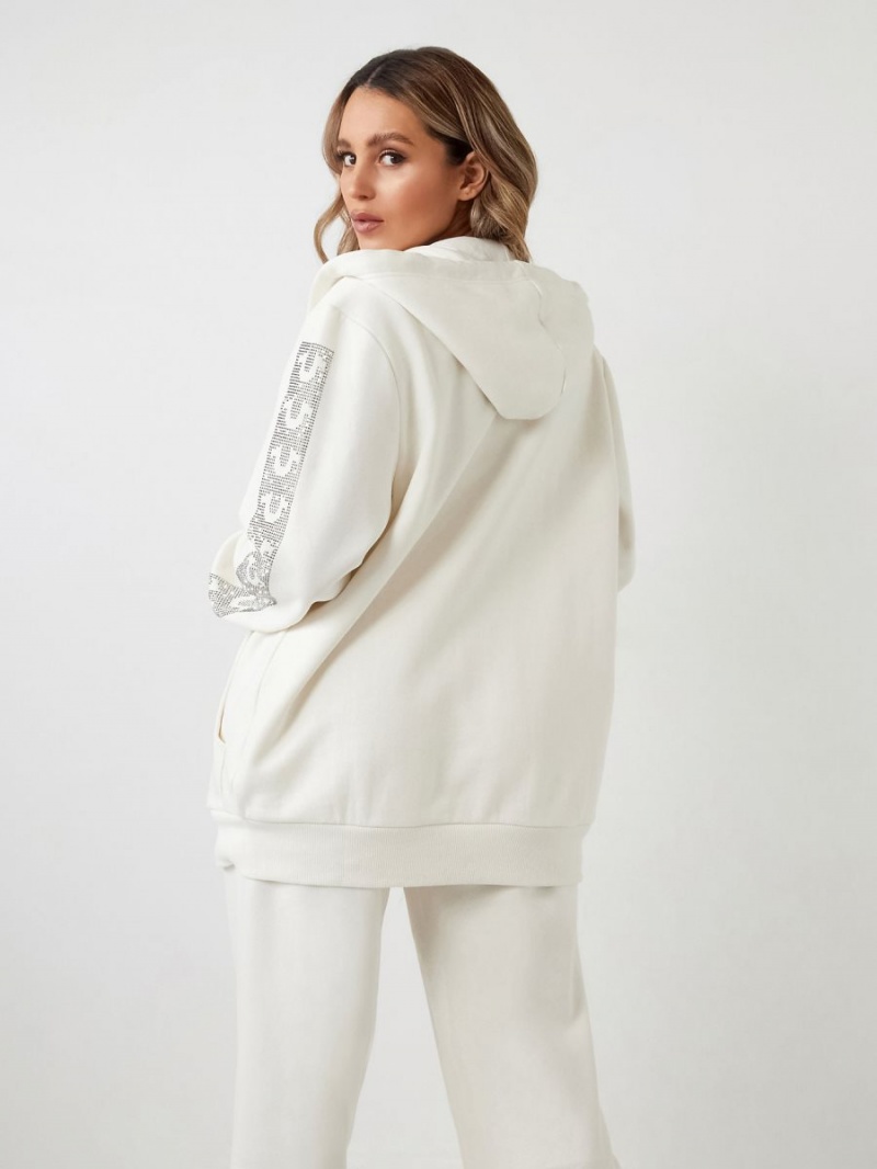 Winter White True Religion Crystal Horseshoe Boyfriend Zip Hoodie | 5347-BGNKZ