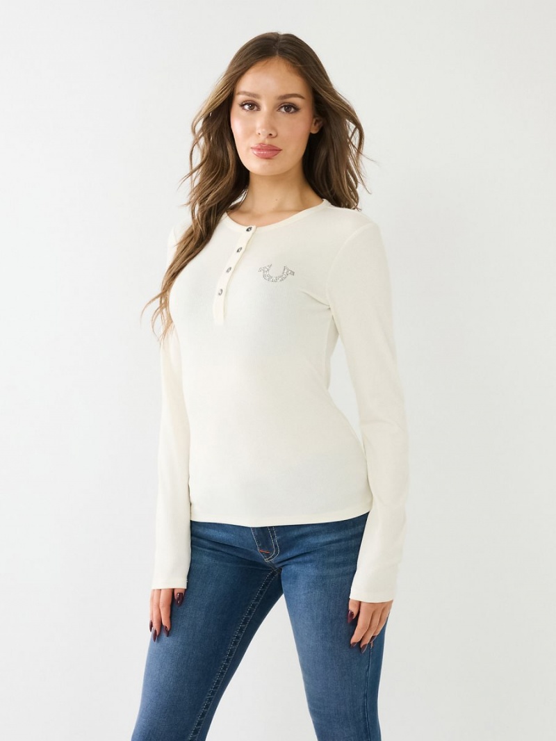 Winter White True Religion Crystal Horseshoe Logo Henley Shirts | 9358-AKHXW