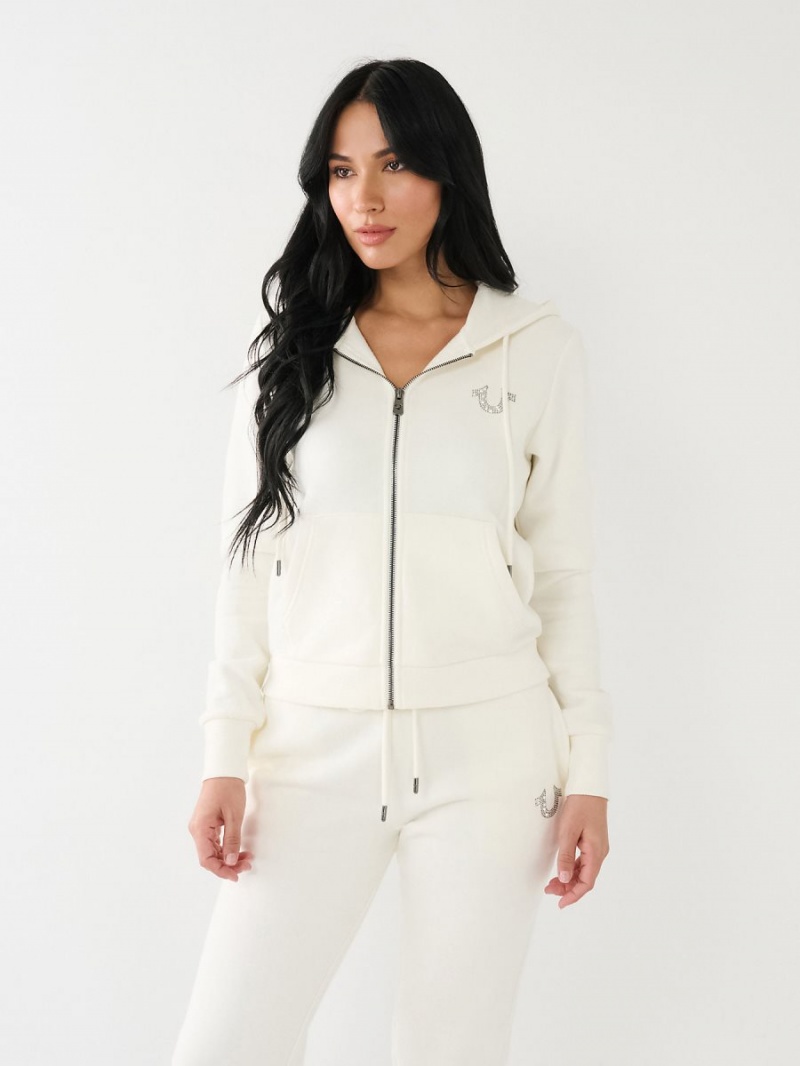 Winter White True Religion Crystal Horseshoe Zip Hoodie | 7250-WSENP