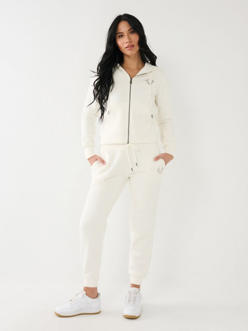 Winter White True Religion Crystal Horseshoe Mid Rise Jogger | 3204-HTJMC