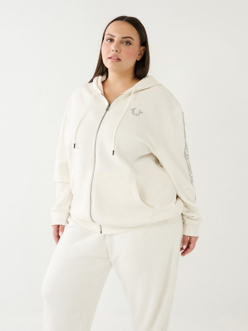 Winter White True Religion Crystal Horseshoe Boyfriend Zip Hoodie | 6798-LZCJD