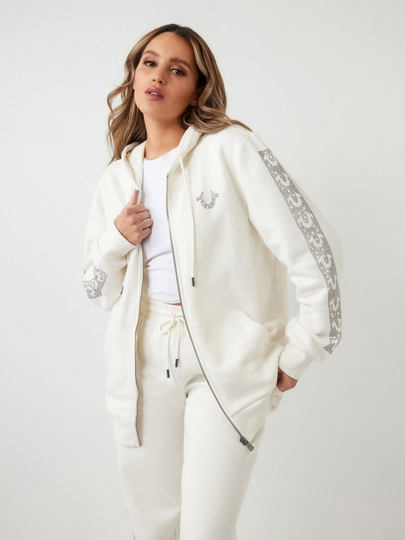 Winter White True Religion Crystal Horseshoe Boyfriend Zip Hoodie | 6798-LZCJD