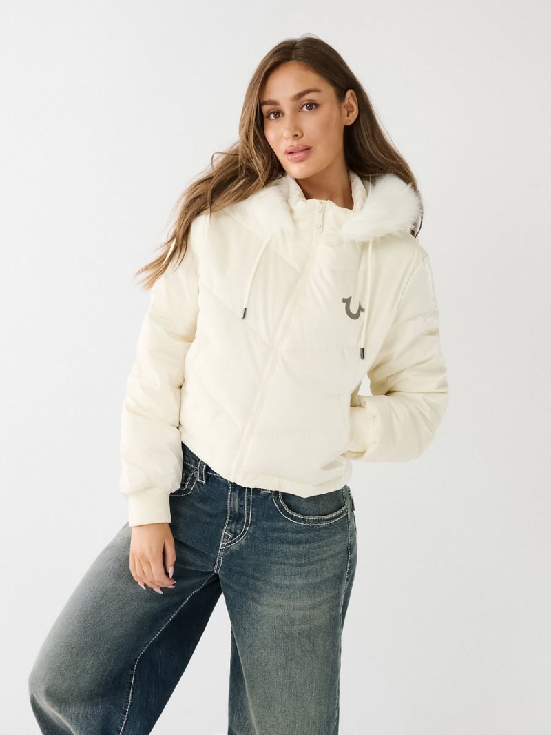 Winter White True Religion Faux Fur Hooded Puffer | 0973-IZJBP