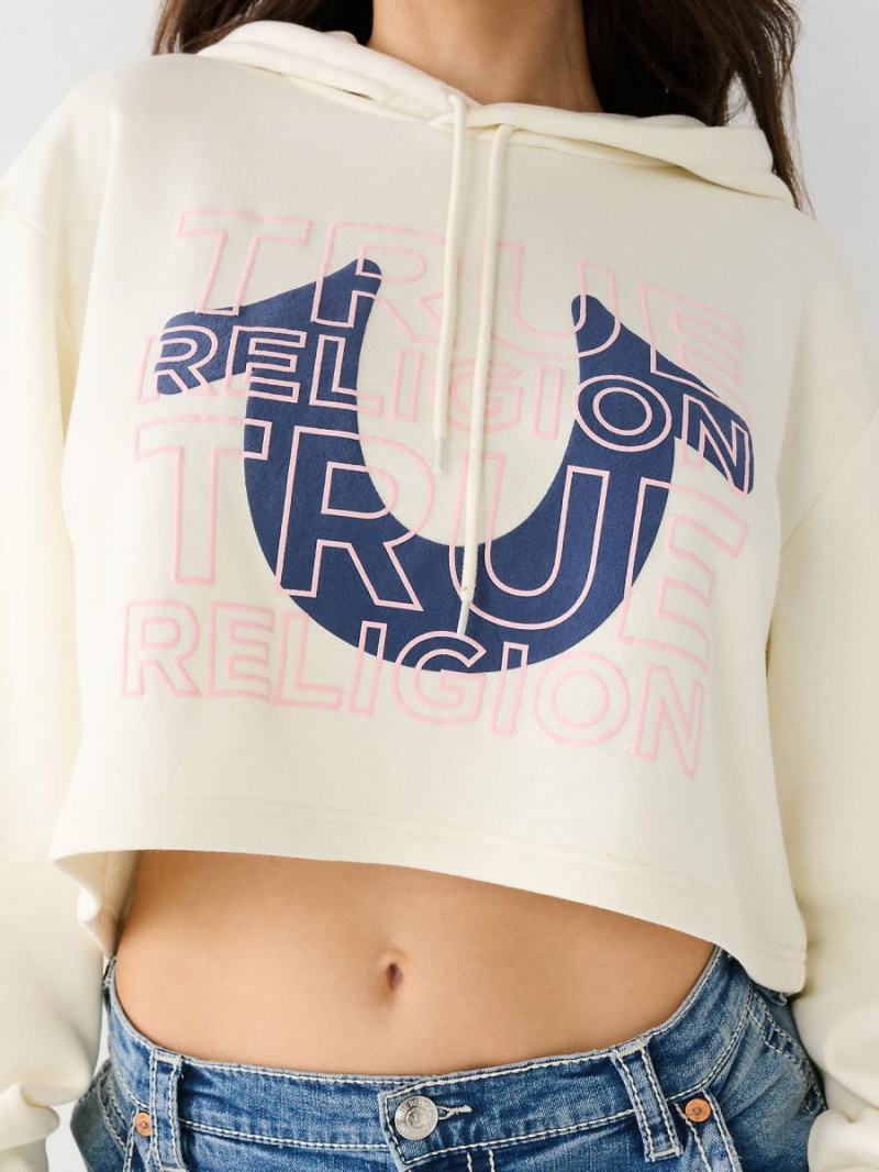 Winter White True Religion Logo Crop Hoodie | 6531-YLGIW