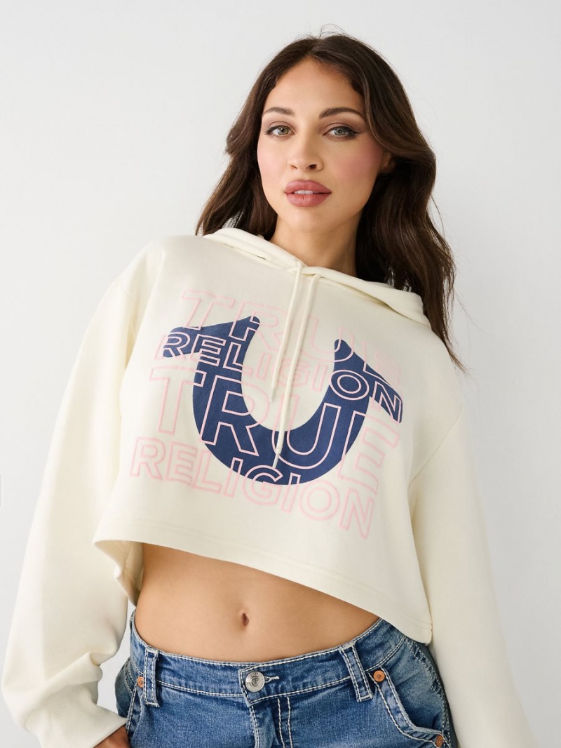 Winter White True Religion Logo Crop Hoodie | 6531-YLGIW