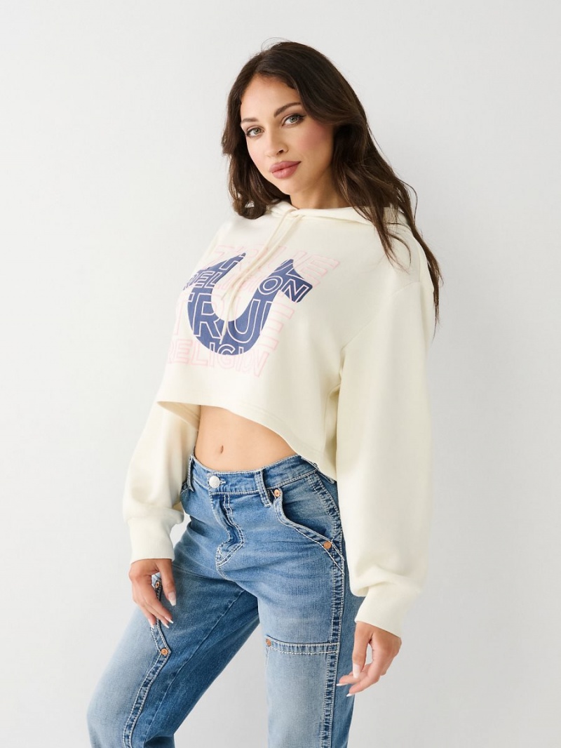 Winter White True Religion Logo Crop Hoodie | 6531-YLGIW