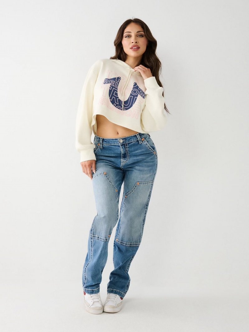 Winter White True Religion Logo Crop Hoodie | 6531-YLGIW