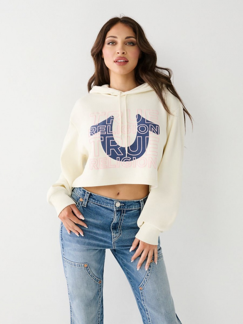 Winter White True Religion Logo Crop Hoodie | 6531-YLGIW