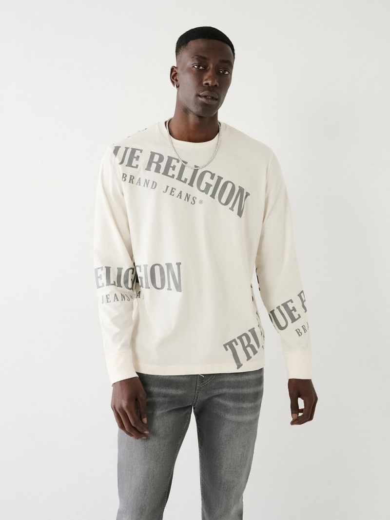 Winter White True Religion Long Sleeve Logo Relaxed T Shirts | 3205-DLYJP